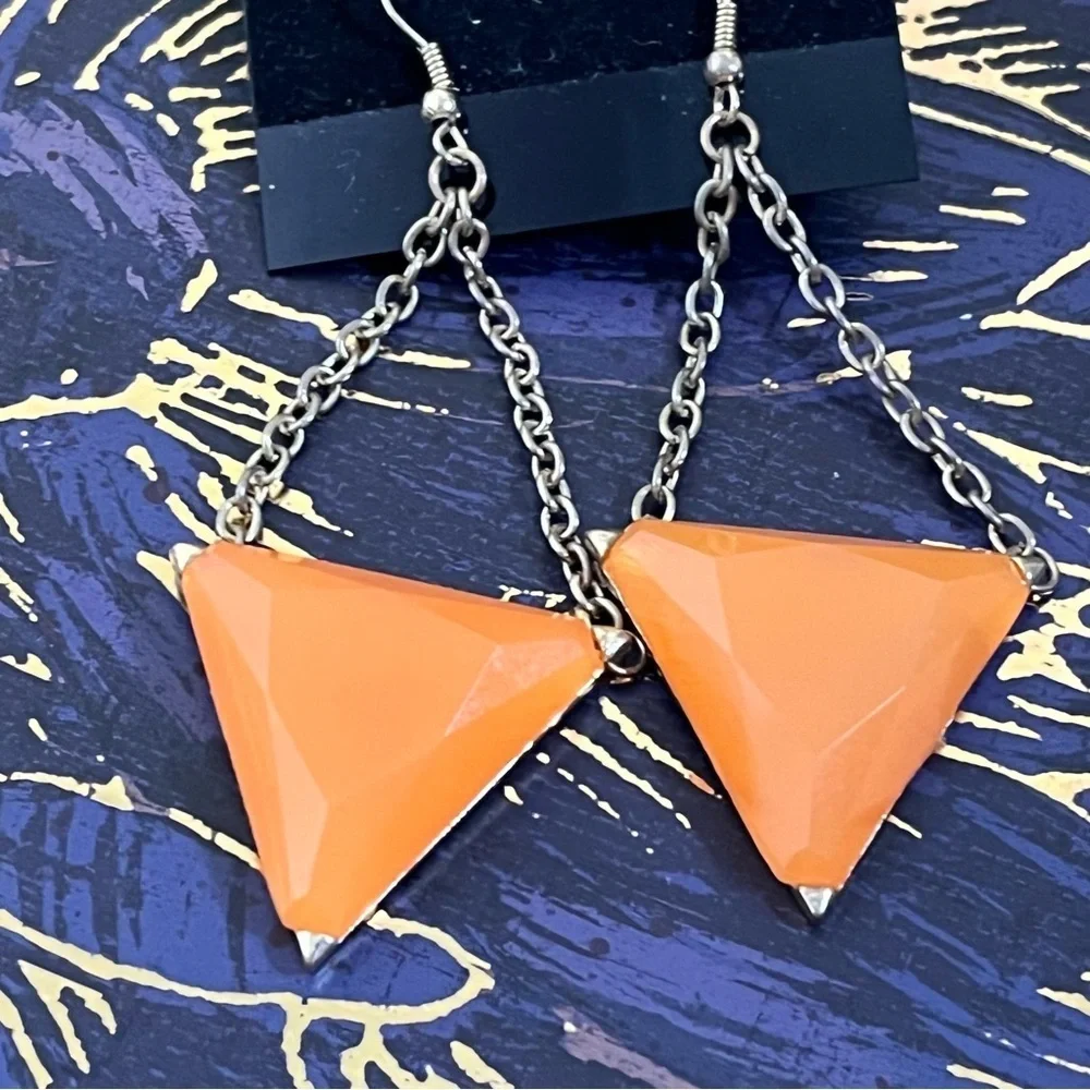 Estate 2010s Large Gold Tone and Orange Triangle Acrylic Dangle Earrings